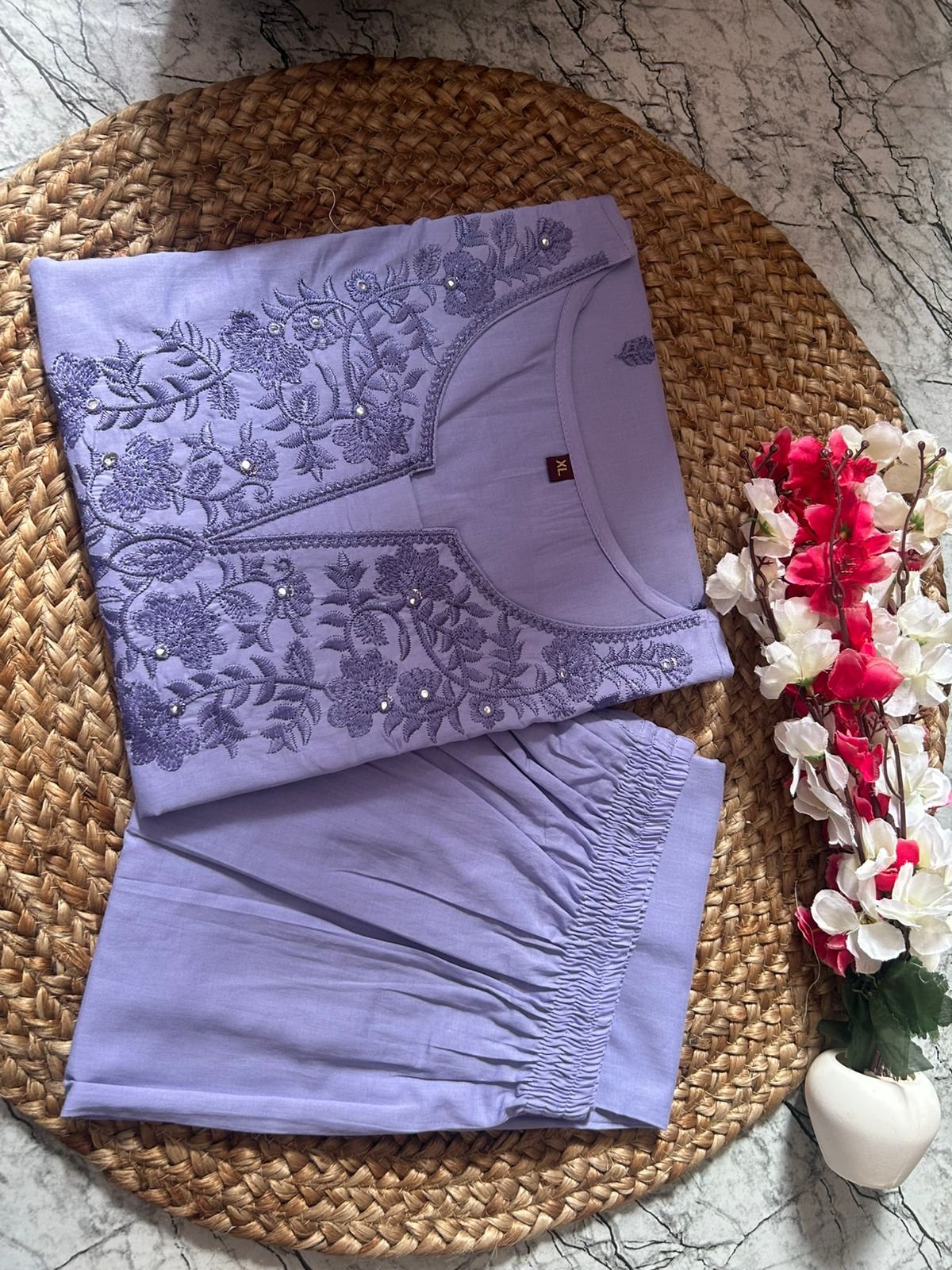 Purple Khadi Flex Cotton Embroidered Suit Set